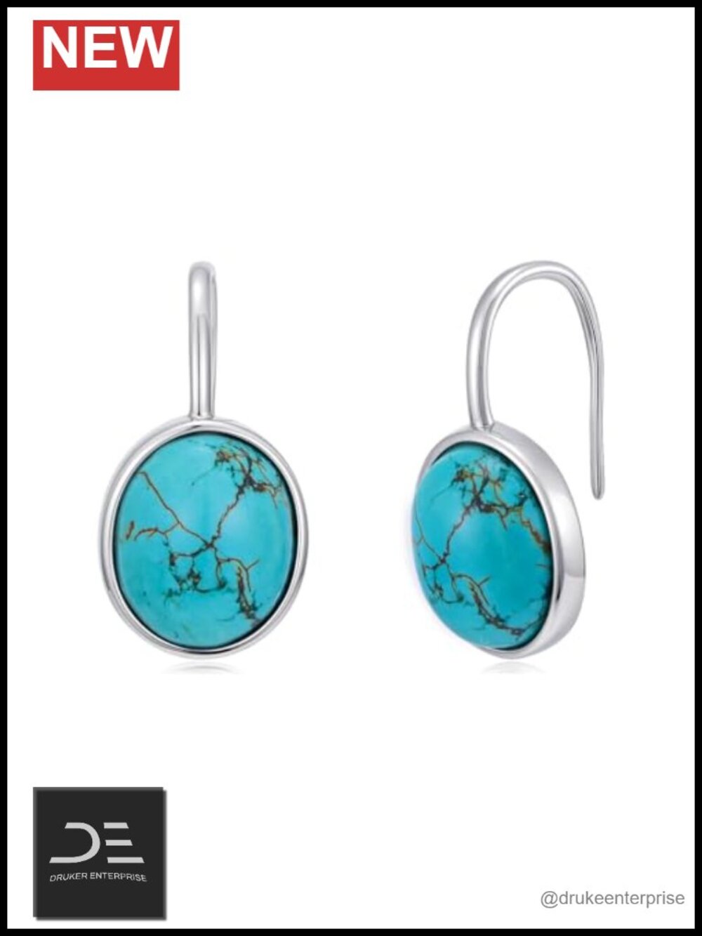 Genuine Turquoise Dangle Earrings 925 Sterling Silver White Gold Plated Dainty